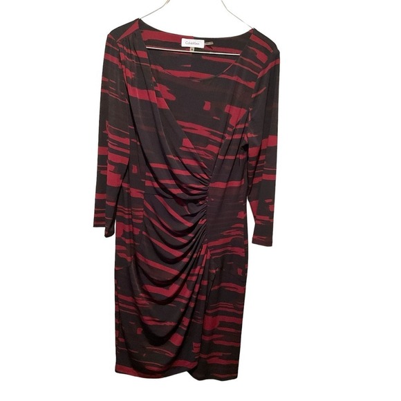 Calvin Klein Wrap Knee Length Dress Women's M Red/Black Long Sleeve Round Neck - Picture 1 of 5